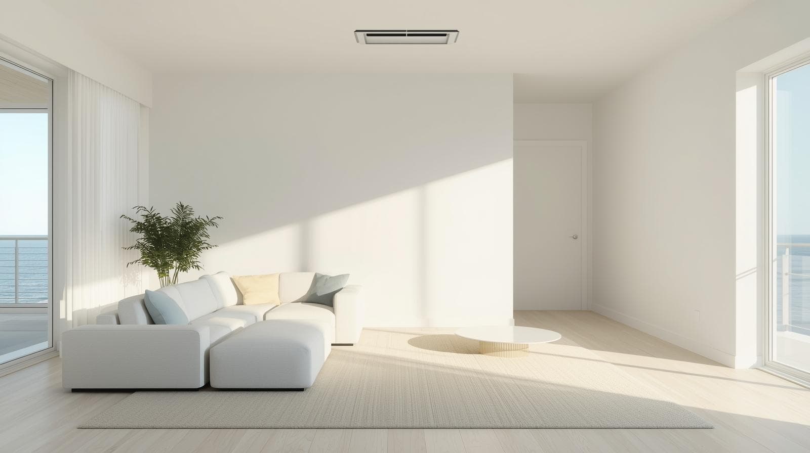 Bright coastal living room with soft daylight and clean air